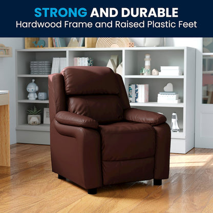 Deluxe Padded Contemporary Brown LeatherSoft Kids Recliner with Storage Arms