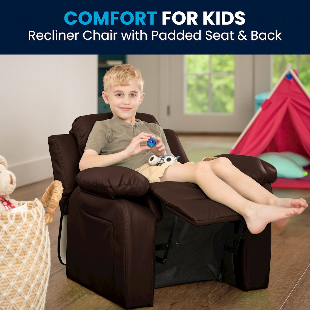 Deluxe Padded Contemporary Brown LeatherSoft Kids Recliner with Storage Arms