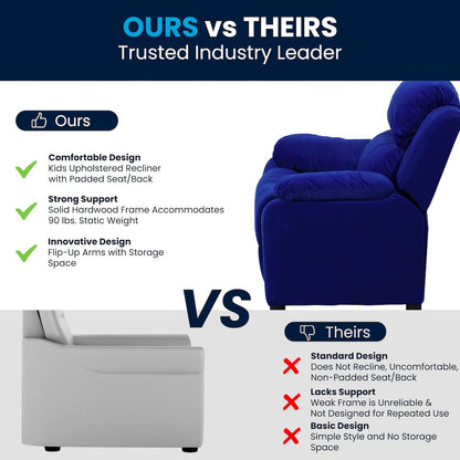 Deluxe Padded Contemporary Blue Microfiber Kids Recliner with Storage Arms