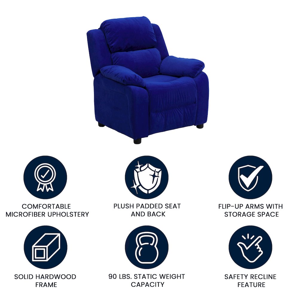 Deluxe Padded Contemporary Blue Microfiber Kids Recliner with Storage Arms
