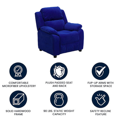 Deluxe Padded Contemporary Blue Microfiber Kids Recliner with Storage Arms