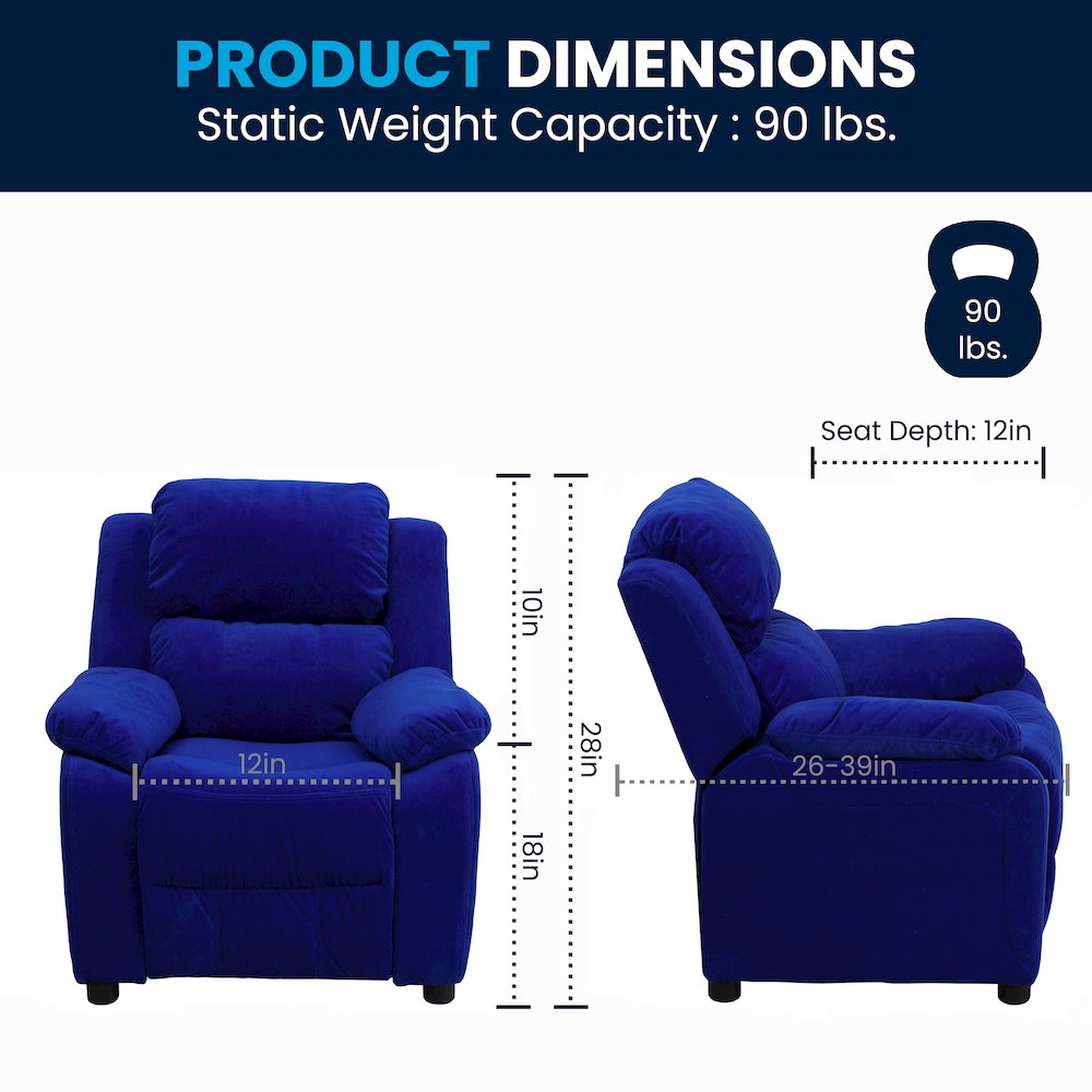 Deluxe Padded Contemporary Blue Microfiber Kids Recliner with Storage Arms