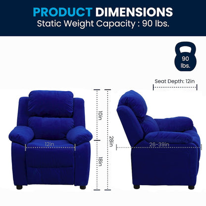 Deluxe Padded Contemporary Blue Microfiber Kids Recliner with Storage Arms