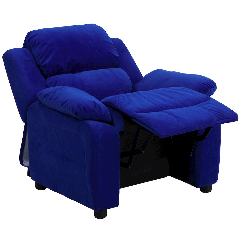 Deluxe Padded Contemporary Blue Microfiber Kids Recliner with Storage Arms