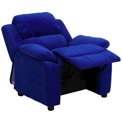 Deluxe Padded Contemporary Blue Microfiber Kids Recliner with Storage Arms