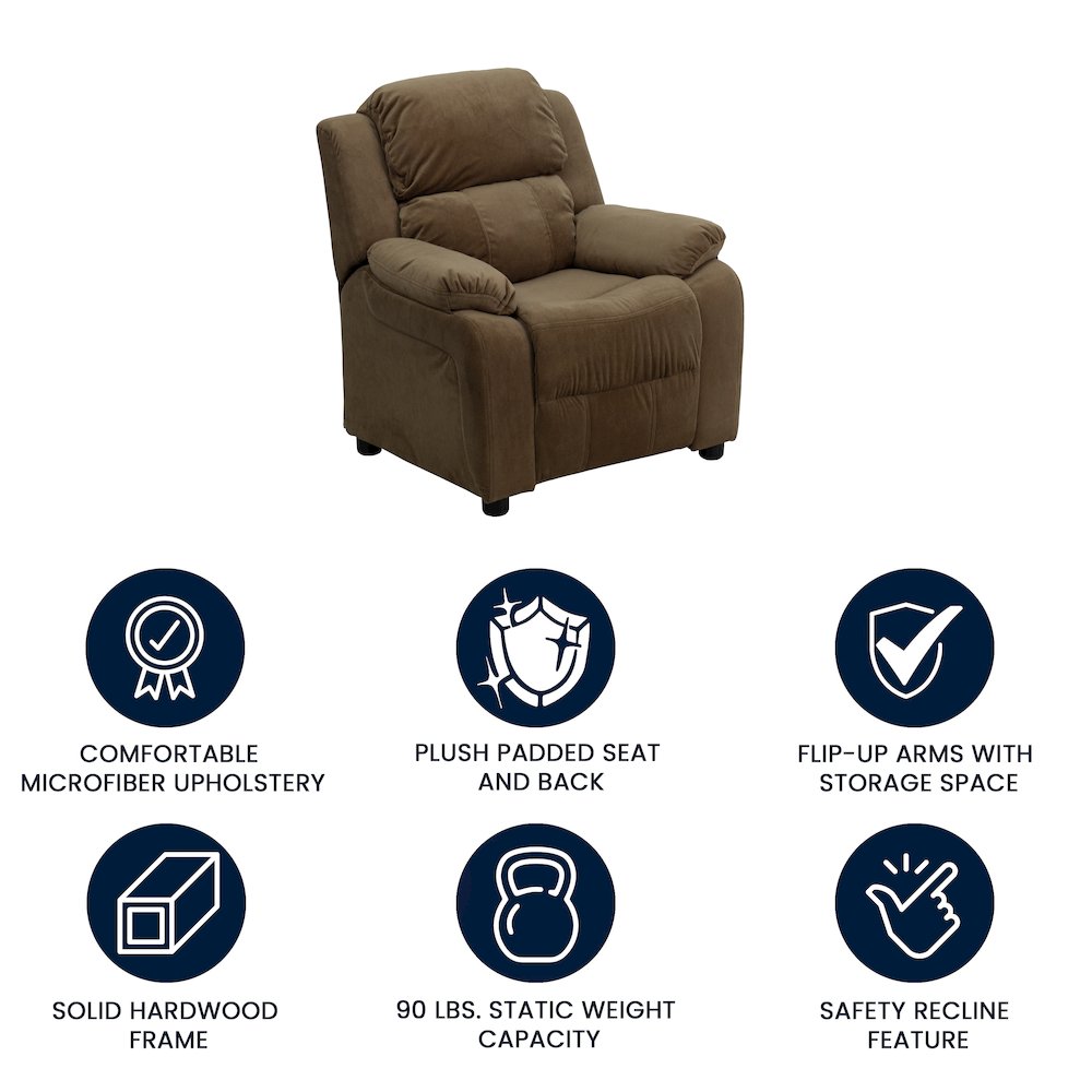 Deluxe Padded Contemporary Brown Microfiber Kids Recliner with Storage Arms