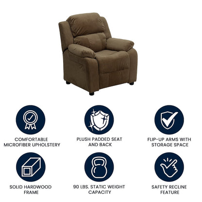 Deluxe Padded Contemporary Brown Microfiber Kids Recliner with Storage Arms