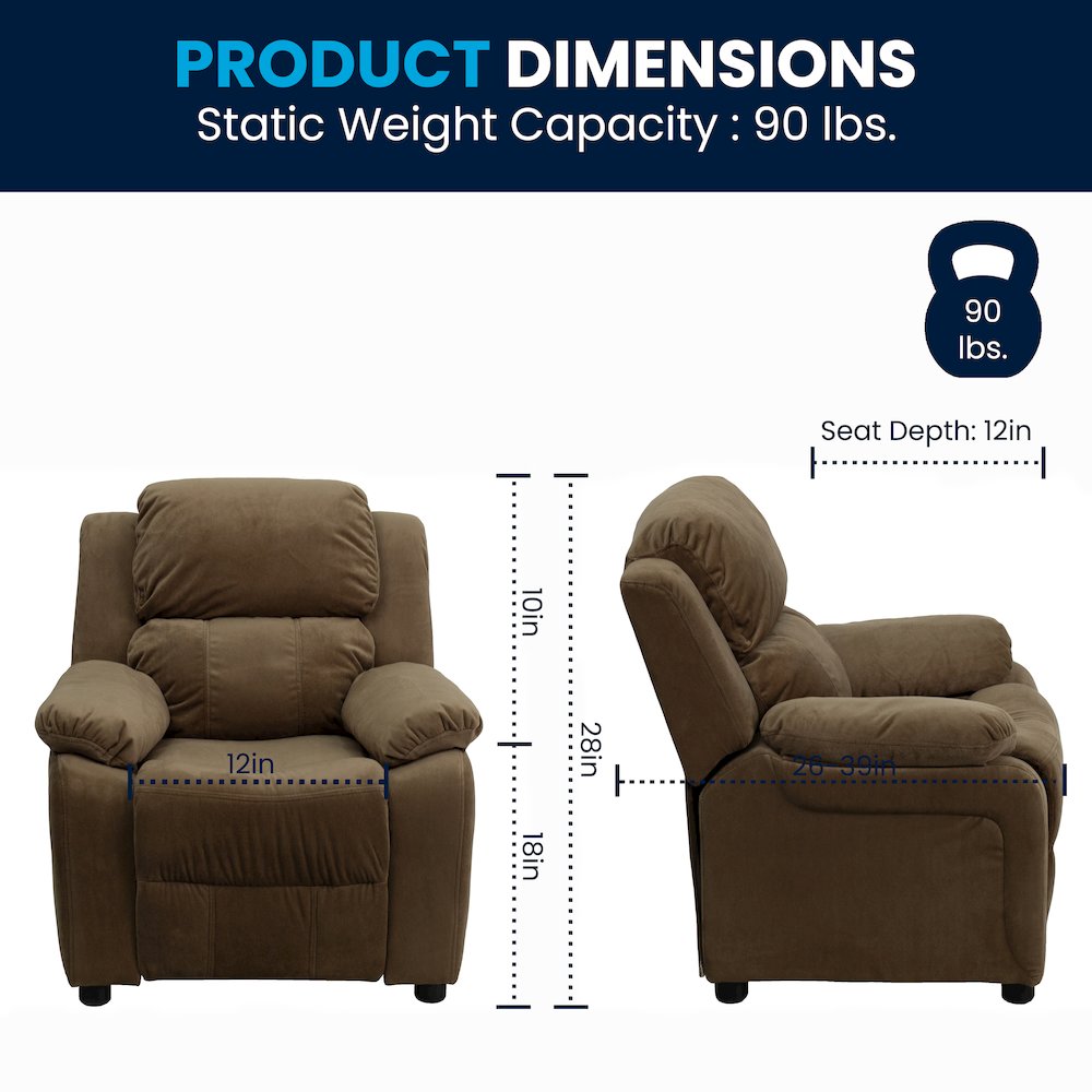 Deluxe Padded Contemporary Brown Microfiber Kids Recliner with Storage Arms