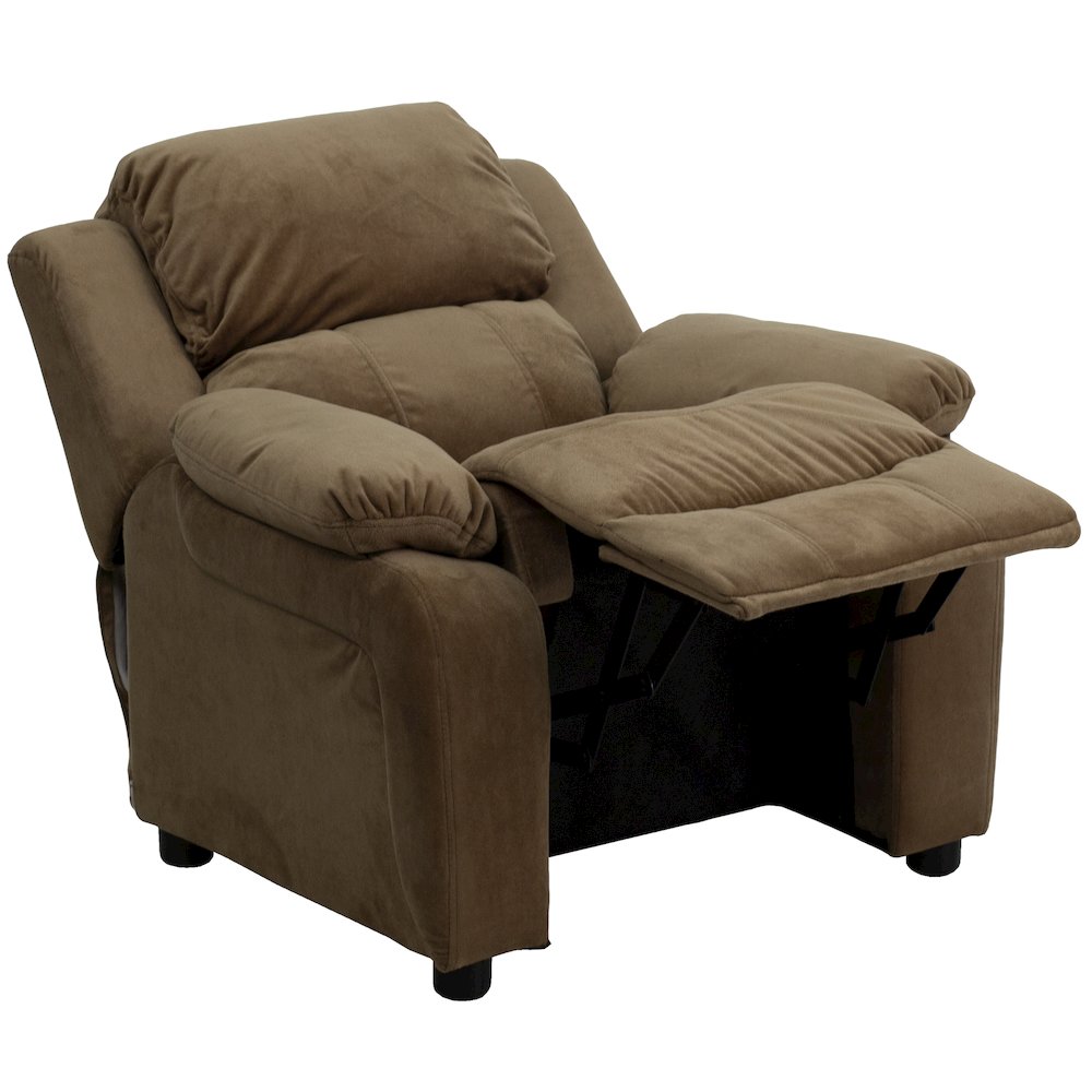 Deluxe Padded Contemporary Brown Microfiber Kids Recliner with Storage Arms