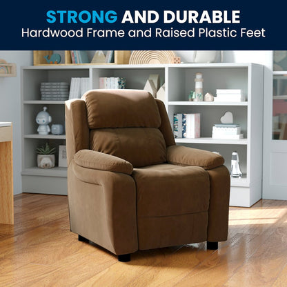 Deluxe Padded Contemporary Brown Microfiber Kids Recliner with Storage Arms