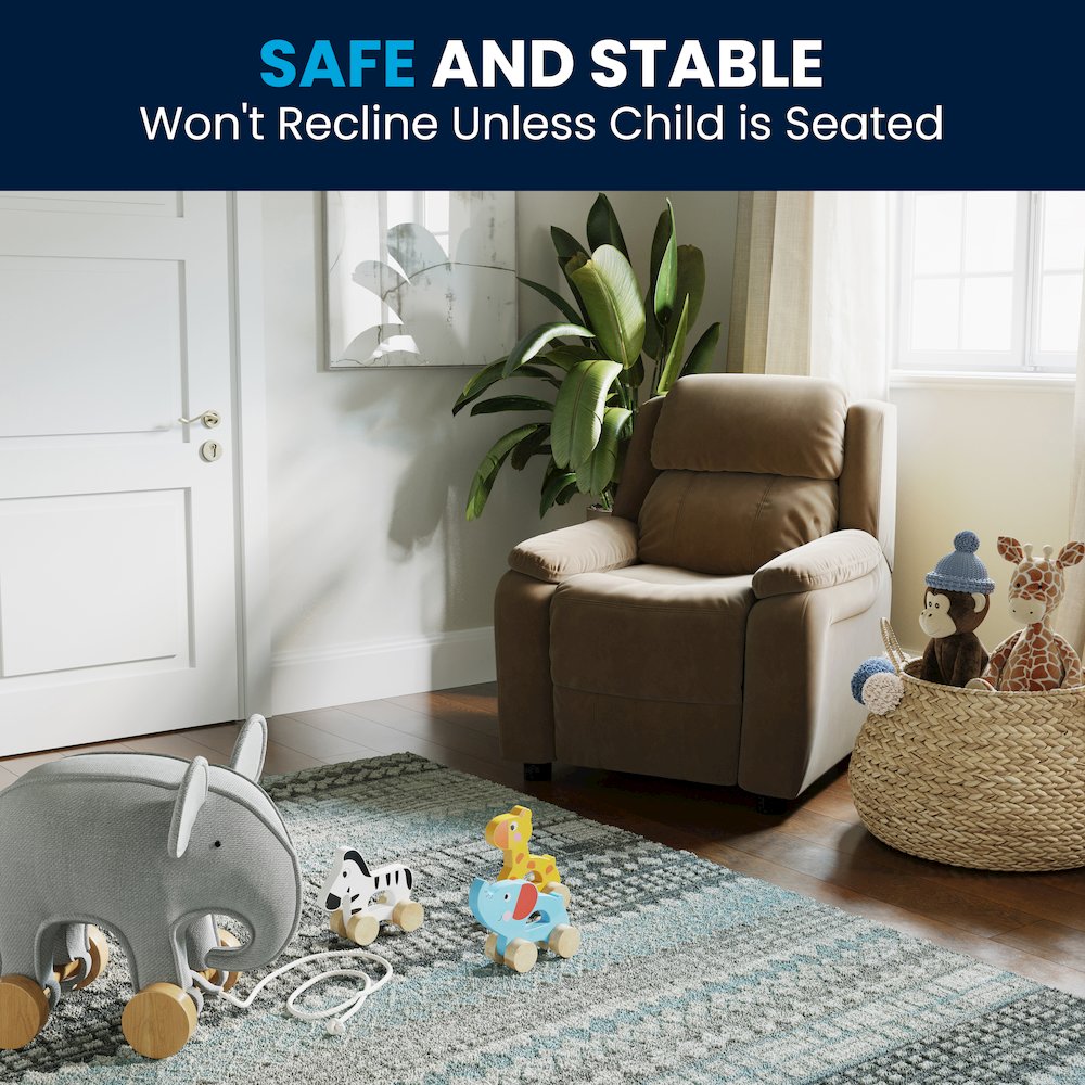 Deluxe Padded Contemporary Brown Microfiber Kids Recliner with Storage Arms