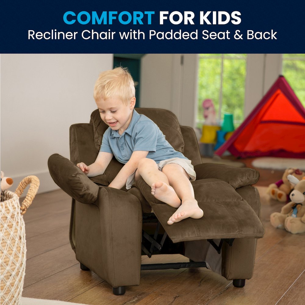 Deluxe Padded Contemporary Brown Microfiber Kids Recliner with Storage Arms