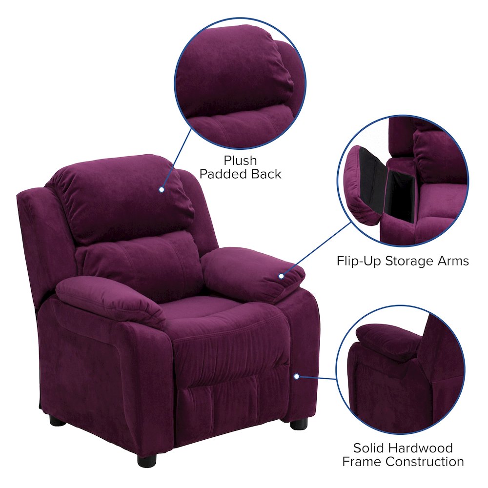Deluxe Padded Contemporary Purple Microfiber Kids Recliner with Storage Arms
