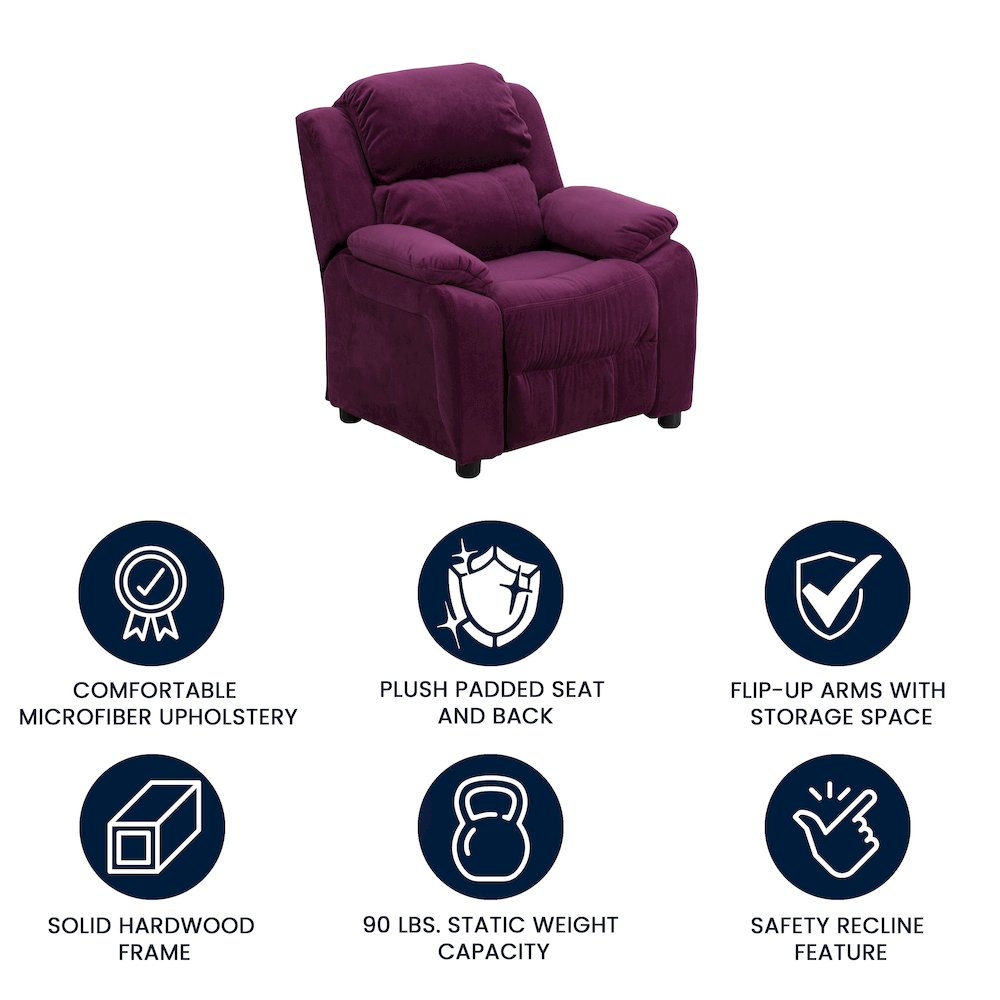 Deluxe Padded Contemporary Purple Microfiber Kids Recliner with Storage Arms