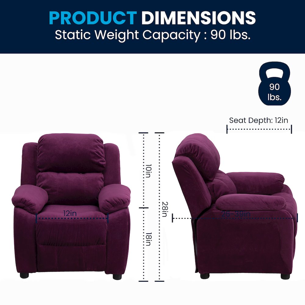 Deluxe Padded Contemporary Purple Microfiber Kids Recliner with Storage Arms