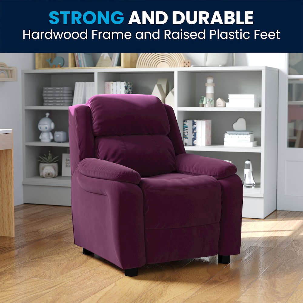 Deluxe Padded Contemporary Purple Microfiber Kids Recliner with Storage Arms