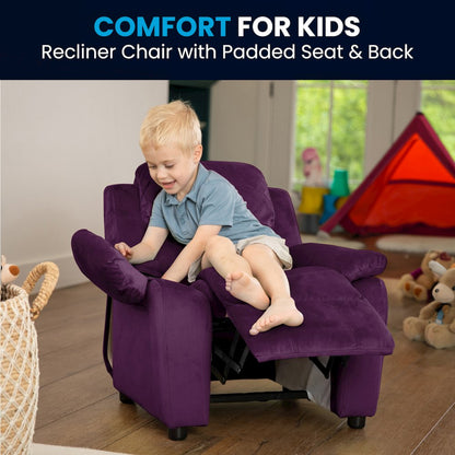 Deluxe Padded Contemporary Purple Microfiber Kids Recliner with Storage Arms