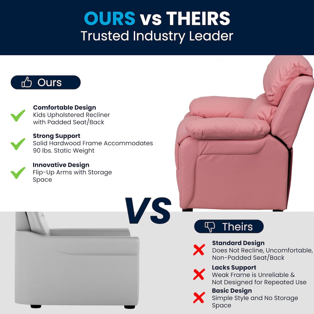 Deluxe Padded Contemporary Pink Vinyl Kids Recliner with Storage Arms