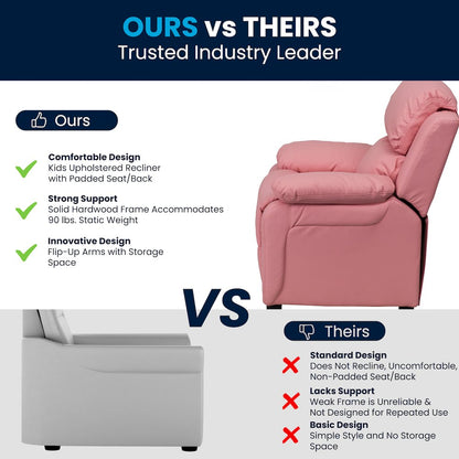 Deluxe Padded Contemporary Pink Vinyl Kids Recliner with Storage Arms