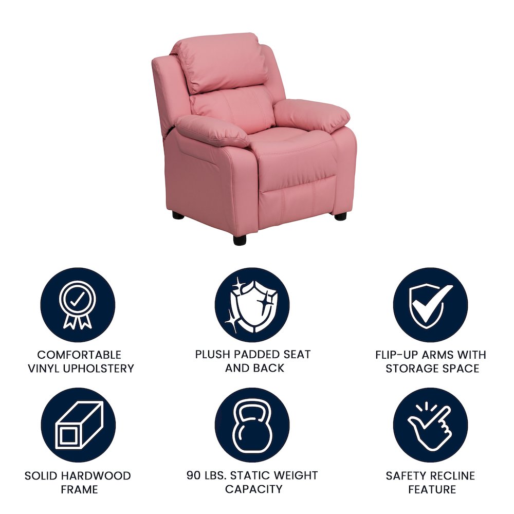 Deluxe Padded Contemporary Pink Vinyl Kids Recliner with Storage Arms