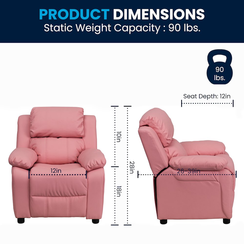 Deluxe Padded Contemporary Pink Vinyl Kids Recliner with Storage Arms
