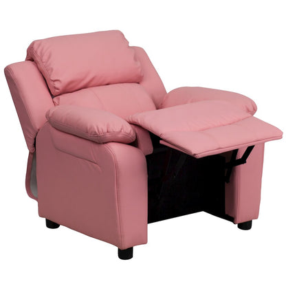 Deluxe Padded Contemporary Pink Vinyl Kids Recliner with Storage Arms
