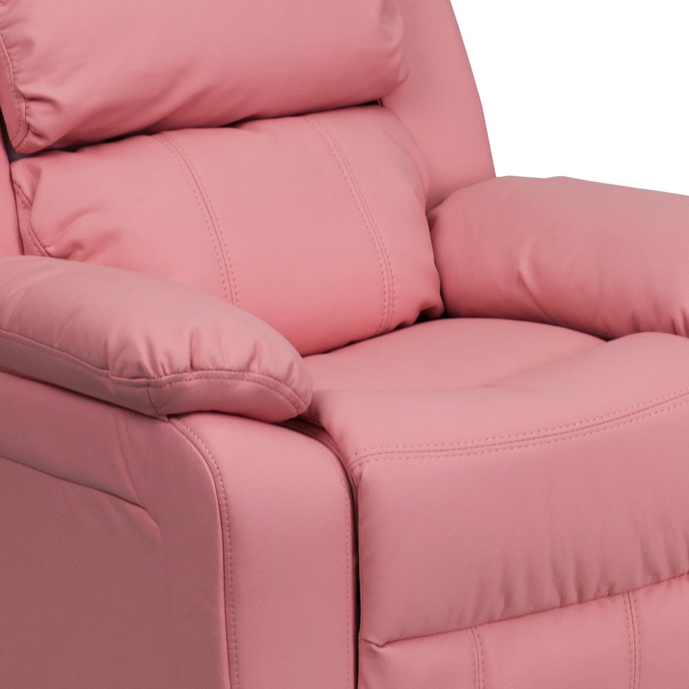 Deluxe Padded Contemporary Pink Vinyl Kids Recliner with Storage Arms