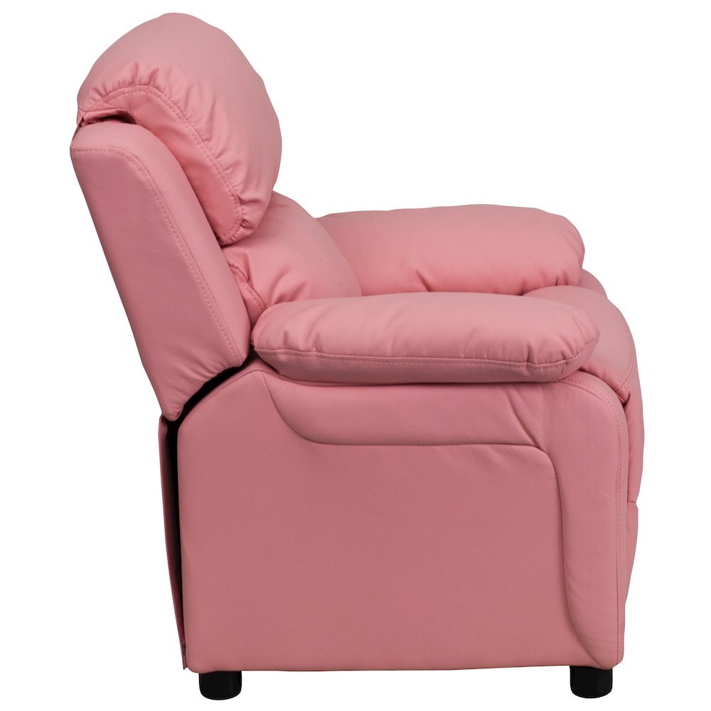 Deluxe Padded Contemporary Pink Vinyl Kids Recliner with Storage Arms