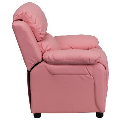 Deluxe Padded Contemporary Pink Vinyl Kids Recliner with Storage Arms