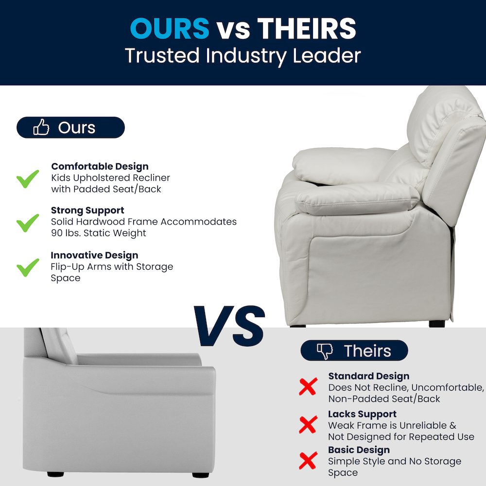 Deluxe Padded Contemporary White Vinyl Kids Recliner with Storage Arms