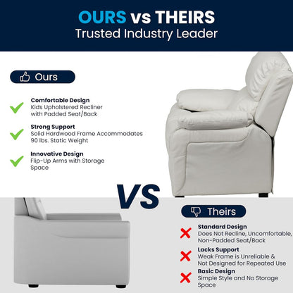 Deluxe Padded Contemporary White Vinyl Kids Recliner with Storage Arms
