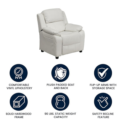 Deluxe Padded Contemporary White Vinyl Kids Recliner with Storage Arms