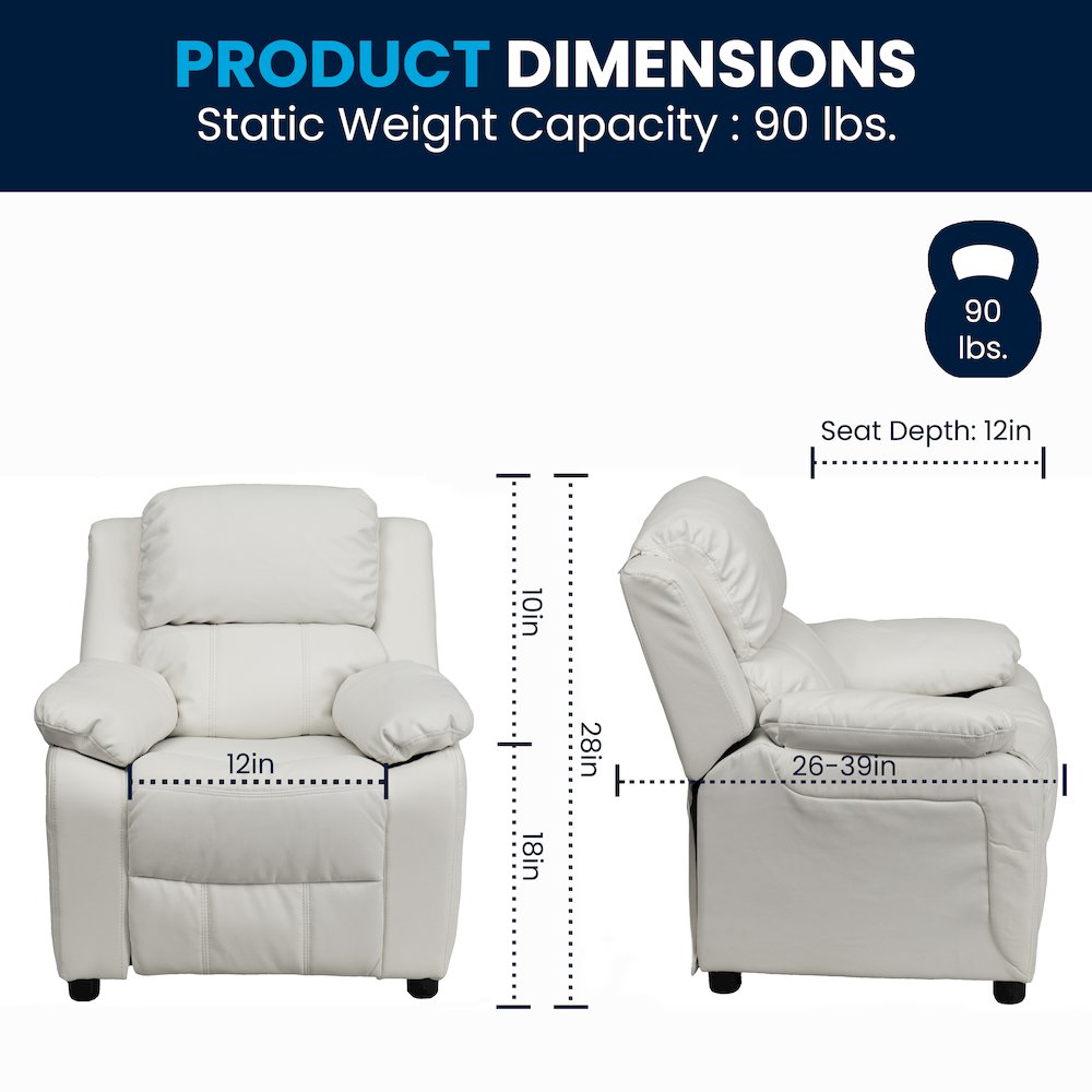 Deluxe Padded Contemporary White Vinyl Kids Recliner with Storage Arms