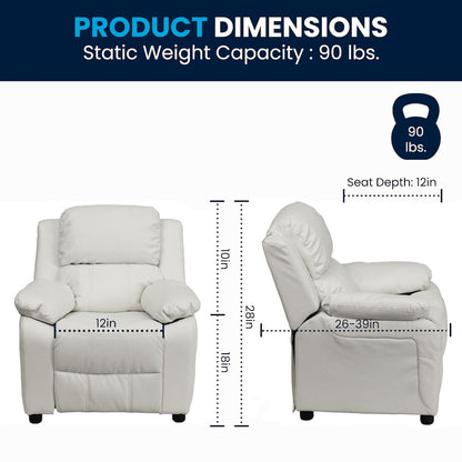 Deluxe Padded Contemporary White Vinyl Kids Recliner with Storage Arms