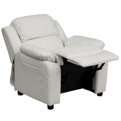 Deluxe Padded Contemporary White Vinyl Kids Recliner with Storage Arms