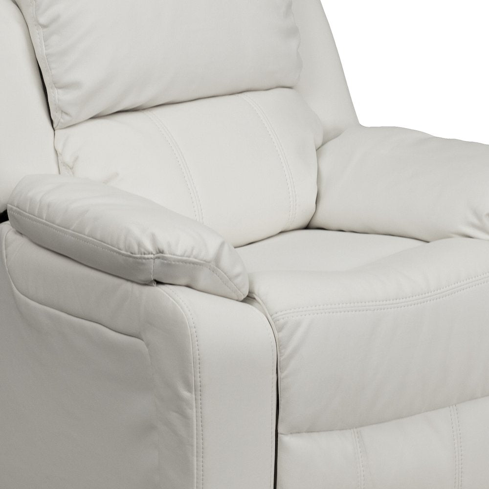 Deluxe Padded Contemporary White Vinyl Kids Recliner with Storage Arms