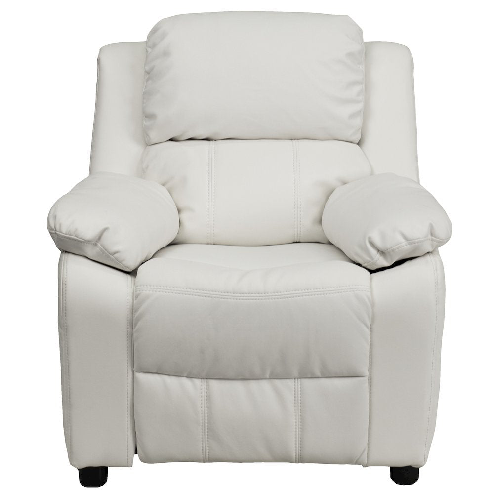 Deluxe Padded Contemporary White Vinyl Kids Recliner with Storage Arms