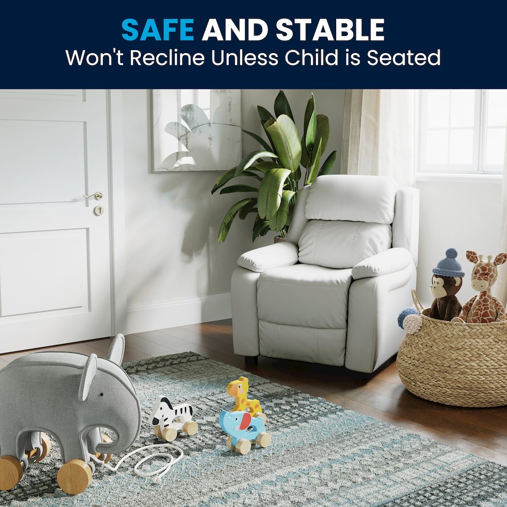 Deluxe Padded Contemporary White Vinyl Kids Recliner with Storage Arms