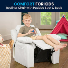 Deluxe Padded Contemporary White Vinyl Kids Recliner with Storage Arms