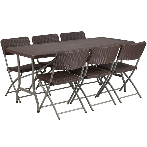 5.62-Foot Brown Rattan Indoor-Outdoor Plastic Folding Table Set with 6 Chairs