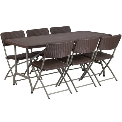 5.62-Foot Brown Rattan Indoor-Outdoor Plastic Folding Table Set with 6 Chairs