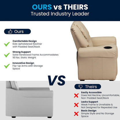 Contemporary Beige Vinyl Kids Recliner with Cup Holder and Headrest