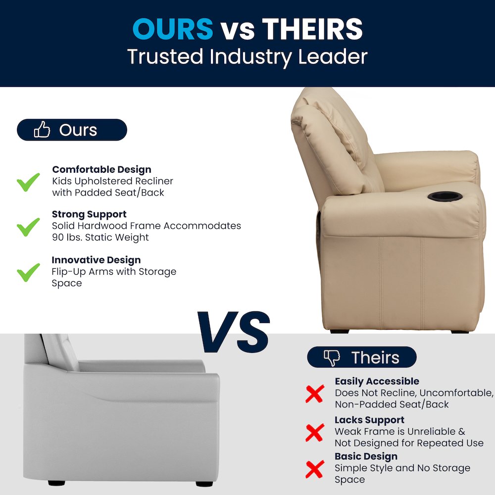 Contemporary Beige Vinyl Kids Recliner with Cup Holder and Headrest