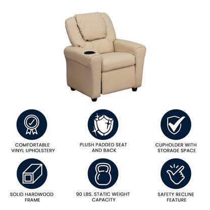 Contemporary Beige Vinyl Kids Recliner with Cup Holder and Headrest