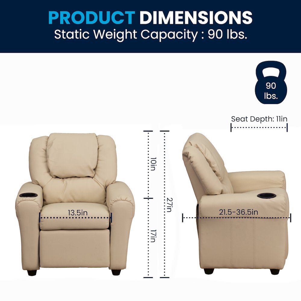Contemporary Beige Vinyl Kids Recliner with Cup Holder and Headrest