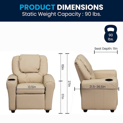 Contemporary Beige Vinyl Kids Recliner with Cup Holder and Headrest