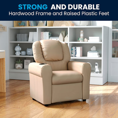 Contemporary Beige Vinyl Kids Recliner with Cup Holder and Headrest