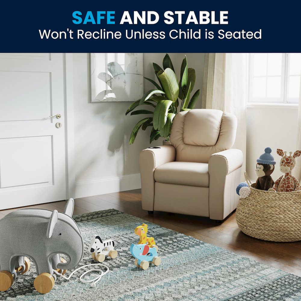 Contemporary Beige Vinyl Kids Recliner with Cup Holder and Headrest