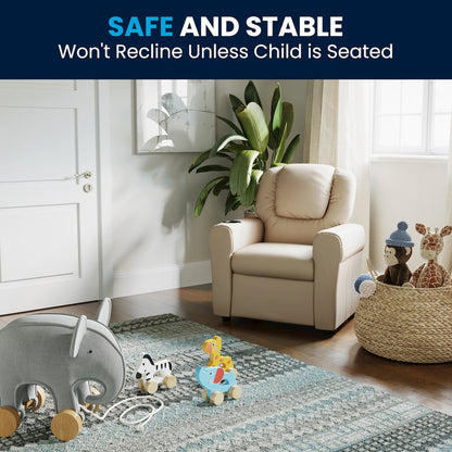 Contemporary Beige Vinyl Kids Recliner with Cup Holder and Headrest