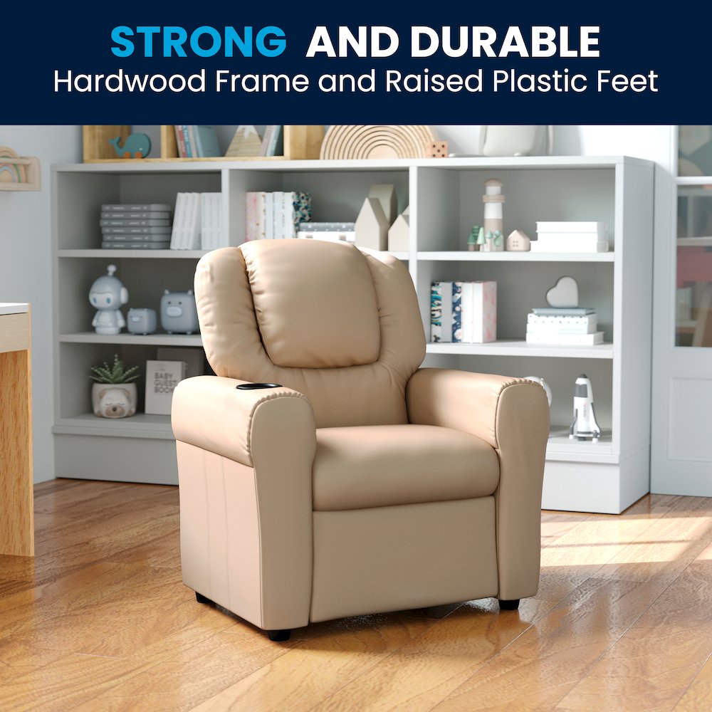 Contemporary Beige Vinyl Kids Recliner with Cup Holder and Headrest